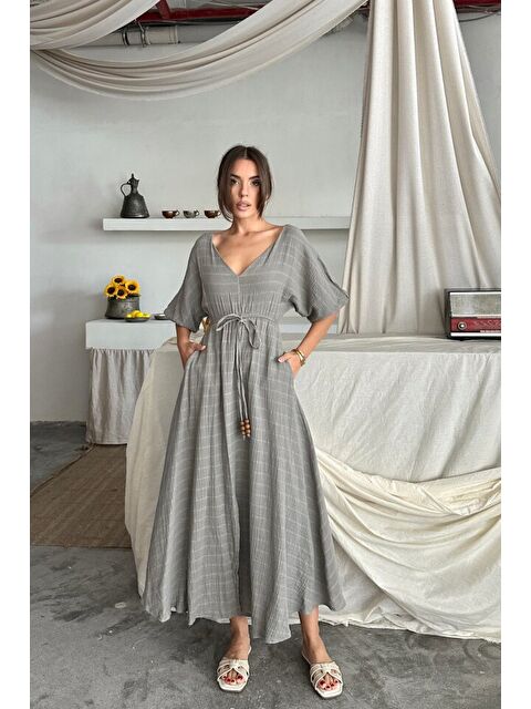 Jane's V YAKA BEL BONCUK BAĞLAMALI MÜSLİN ELBİSE YIRTMAÇ DETAYLI - Gri - S000527883-20600
