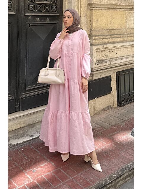 Lamelif Ön Yarım Düğme Detaylı Müslin Kumaş Tesettür Elbise Pembe - S000517748-20024