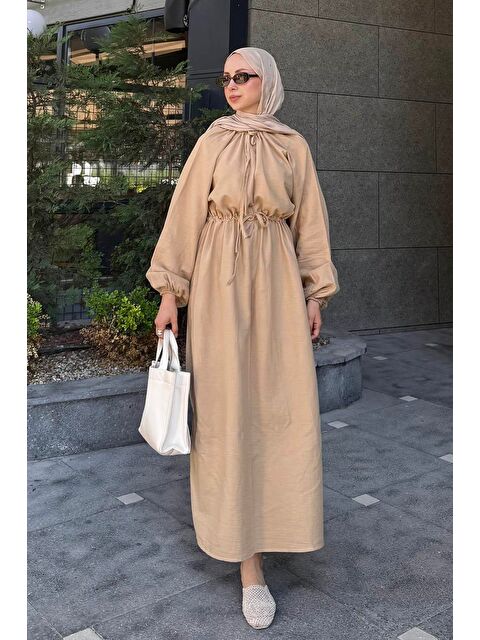 Lamelif Balon Kol Bağlamalı Tesettür Elbise Kum Beji - S000517760-29738