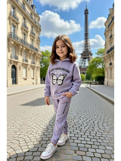Riccotarz Kız Çocuk Üzeri Kara Kalem Kelebek Baskı ve Yazı Detaylı Sweat Paçası Lastikli Lila Eşofman Takım - S000527884-17878