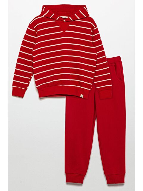 For You Kids Çizgili Kapüşonlu Jogger Kırmızı Alt Üst Takım - S000274020-20045