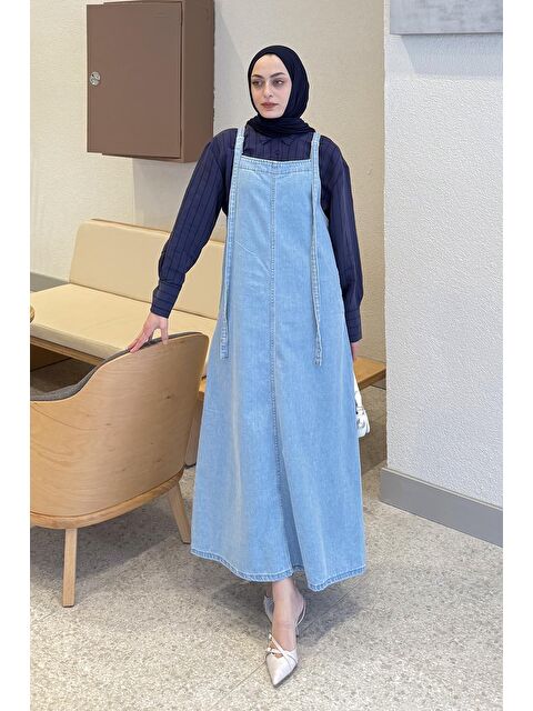 Lamelif Askılı Denim Salopet Elbise Buz Mavisi - S000517762-3053