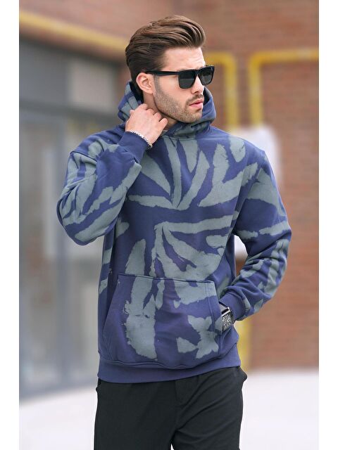 Madmext Lacivert Kapüşonlu Cep Detaylı Baskılı  Erkek Hoodie 7087 - S000262065-21164
