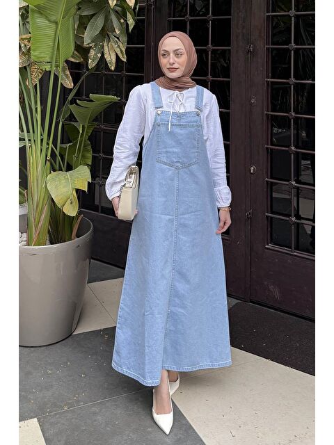 Lamelif Ön Cep Detaylı Denim Salopet Elbise Buz Mavisi - S000517764-3053