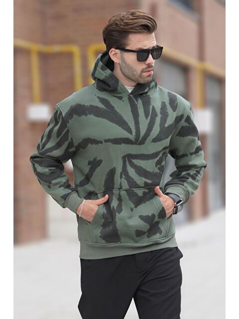 Madmext Haki Kapüşonlu Cep Detaylı Baskılı  Erkek Hoodie 7087 - S000262065-18547