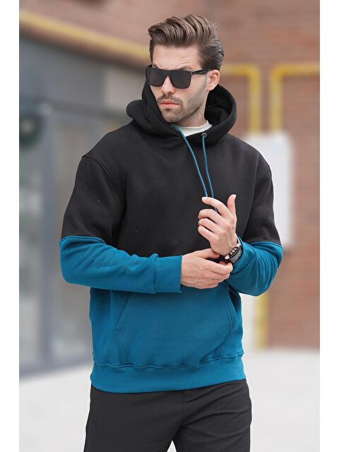 Madmext Siyah Kapüşonlu Renk Bloklu Baskı Detaylı  Erkek Hoodie 7046 - S000262066-19351