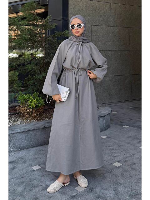 Lamelif Balon Kol Bağlamalı Tesettür Elbise Gri - S000517760-20600