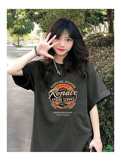 Trendseninle Kadın Füme Repair Baskılı Oversize Tişört