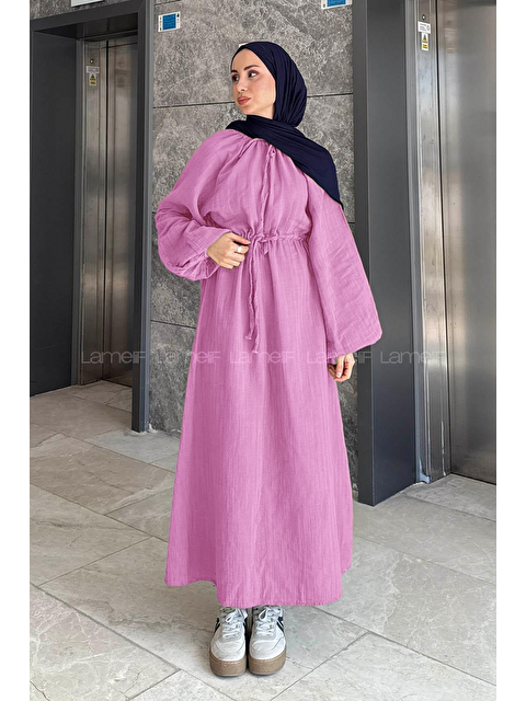 Lamelif Balon Kol Bağlamalı Tesettür Elbise Pembe - S000517760-20024