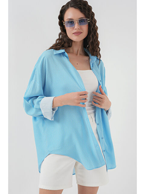Bigdart Kadın Çizgili Oversize Gömlek 20295 - Mavi - S000375294-17234