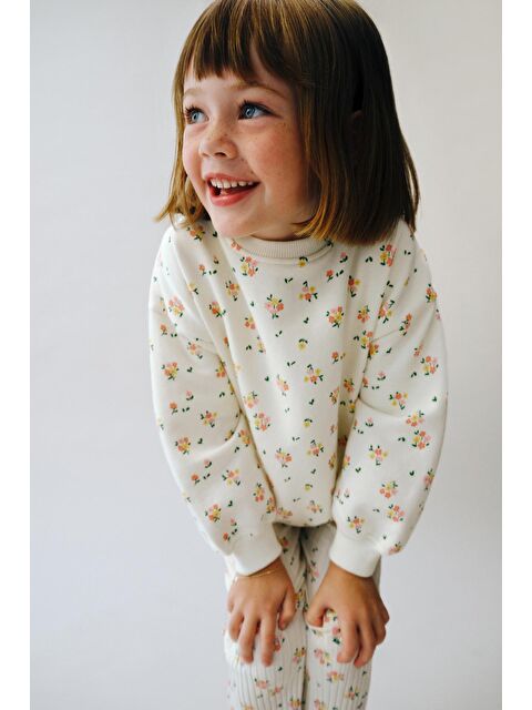 Magu Kız Çocuk Pamuklu Ekru Çiçek Desenli Sweatshirt İspanyol Paça Tayt Takım - S000419058-19965