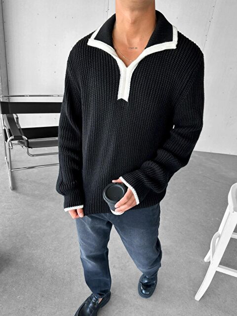 Abluka Online Erkek Oversize Desenli Dik Yakalı Ağır Kazak Siyah - S000314967-19351