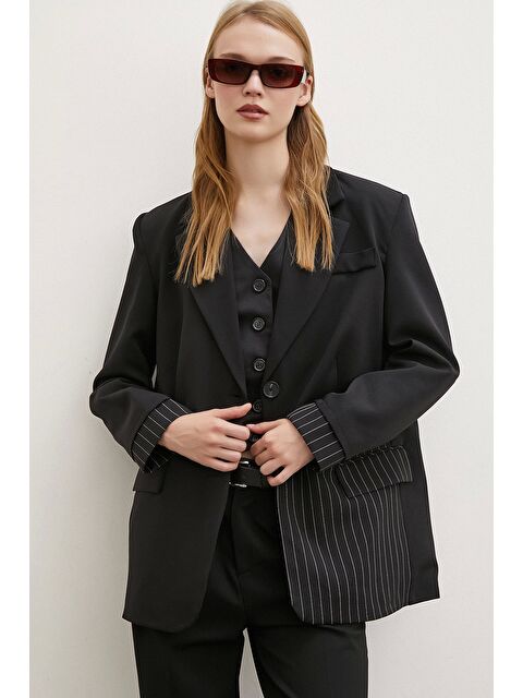 Never More Çizgi Detaylı Çift Düğmeli Blazer Ceket Siyah - S000294042-19351