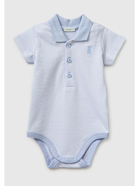 United Colors Of Benetton Bebek Toz Mavi Göğsü Logolu Çizgili Polo Yaka Çıtçıtlı Kısa Kollu Body