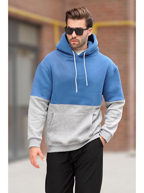 Madmext İndigo Kapüşonlu Renk Bloklu Baskı Detaylı  Erkek Hoodie 7046 - S000262066-23093