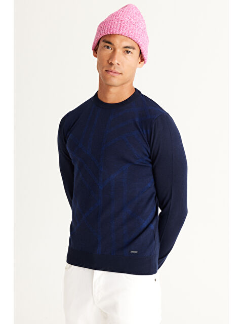 Altınyıldız Classics Erkek Lacivert Standart Fit Normal Kesim Bisiklet Yaka Jakarlı Yünlü Triko Kazak - S000403539-21164