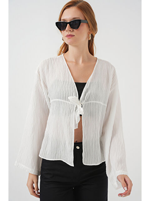 Bigdart Kadın Önü Bağcıklı Bluz 952 - Beyaz - S000396116-20063