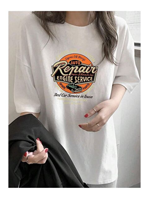 Trendseninle Kadın Beyaz Repair Baskılı Oversize Tişört - S000139587-20063