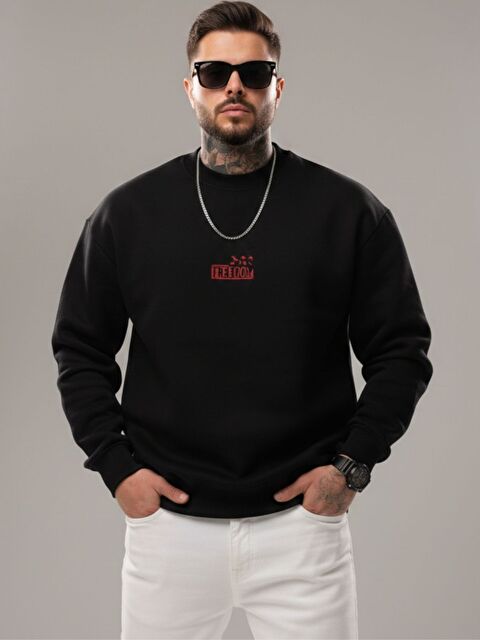 Trendseninle Erkek Siyah Freedom Özel Baskılı Regular Sweatshirt - S000500664-19351