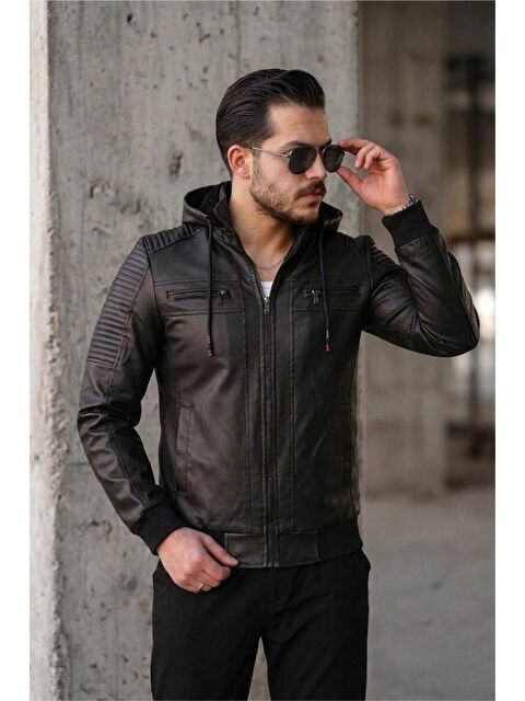 Oksit Kegg Erkek Siyah Slim Fit Kapüşonlu Omuz Detaylı Suni Deri Ceket