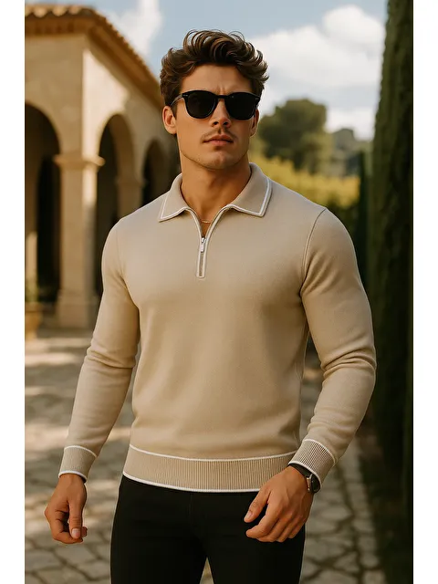 Comstar Erkek Günlük Fermuarlı Bej Uzun Kollu Polo Yaka Triko