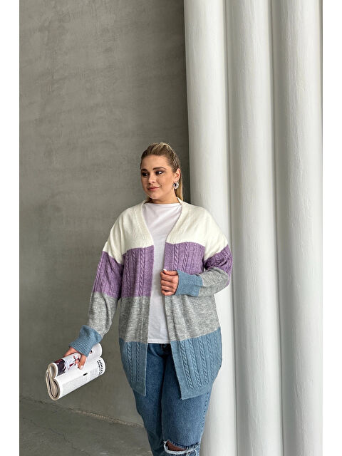 Stil Diva Büyük Beden Uzun Kollu Önü Kapamasız Renk Bloklu Triko Hırka 302148 - S000350536-23173