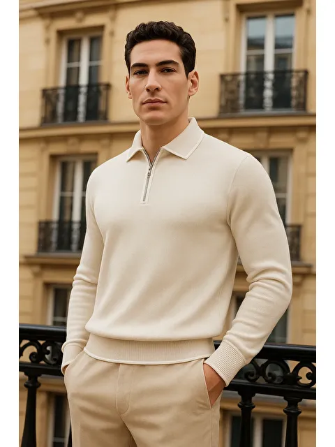 Comstar Erkek Trend Fermuarlı Krem Uzun Kollu Polo Yaka Tişört