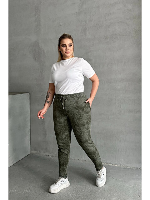 Stil Diva Büyük Beden Beli Büzgülü Dar Paça Cepli Desenli Pantolon 304055 - S000350543-18547