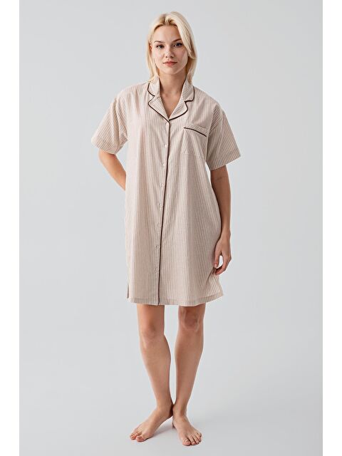 Artış Kısa Kollu Çizgili Düğmeli Dokuma %100 Pamuk Pamuk Gecelik 19108