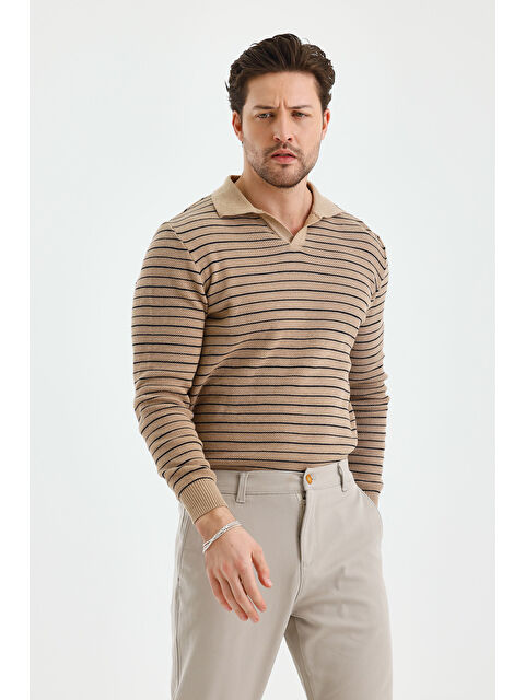 Tarz Cool Erkek Patlı Slim Fit Çizgi Detaylı Uzun Kollu Polo Yaka Triko Kazak - S000314968-25636