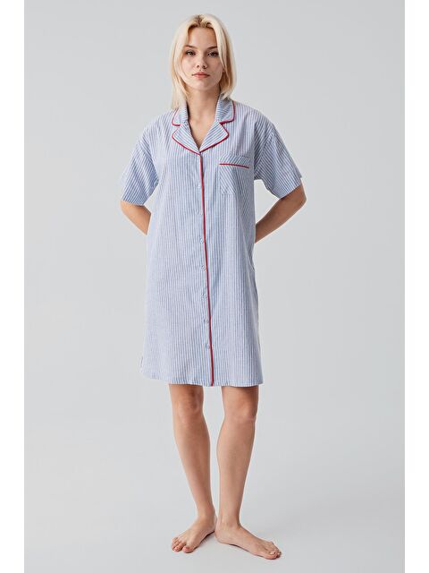 Artış Kısa Kollu Çizgili Düğmeli Dokuma %100 Pamuk Pamuk Gecelik 19108