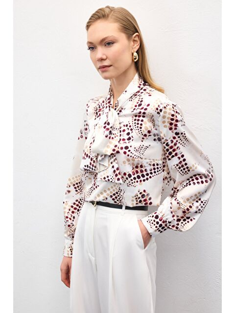 SATEEN Fular Detaylı Desenli Bluz - Ekru - S000511562-19965