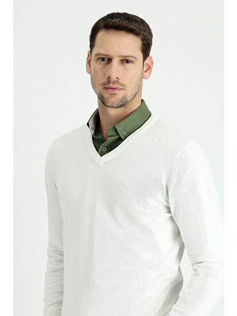 Kiğılı V Yaka Regular Fit Pamuklu Triko Kazak