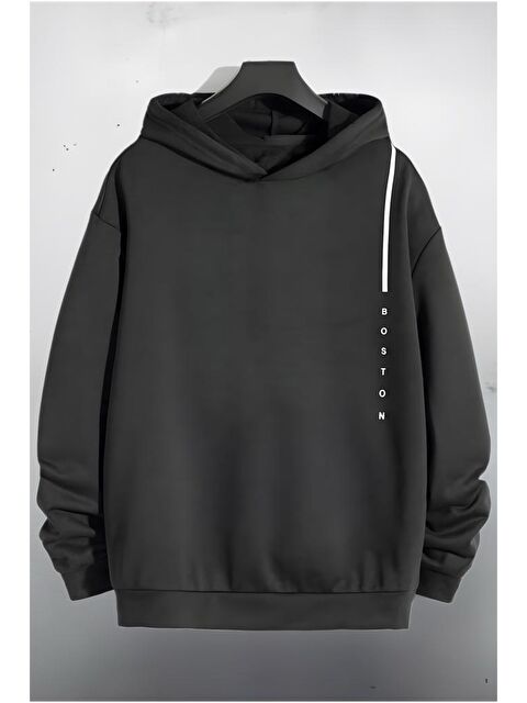 Oksit Boston Ön Dikey Baskılı Pamuklu Unisex Erkek Hoodie - S000127418-19351