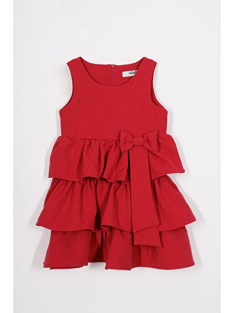 Zepkids Bisiklet Yaka Kurdele Detaylı Eteği Fırfırlı Sıfır Kol Kırmızı Renk Kız Çocuk Elbise - S000357229-20045