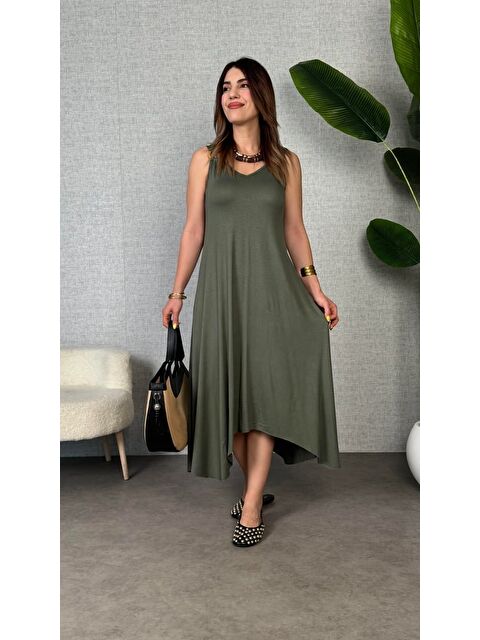 Jane's Kadın çan Dokuma Kumaş V Yaka Asimetrik Kesim Elbise - S000527889-18547