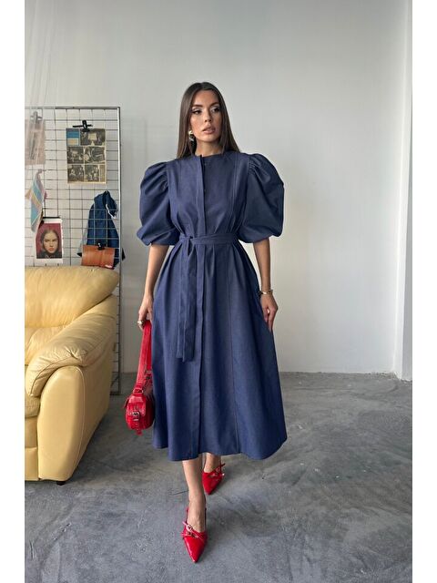 Jane's Lyocell KARPUZ KOL ELBİSE - İndigo - S000527890-23093