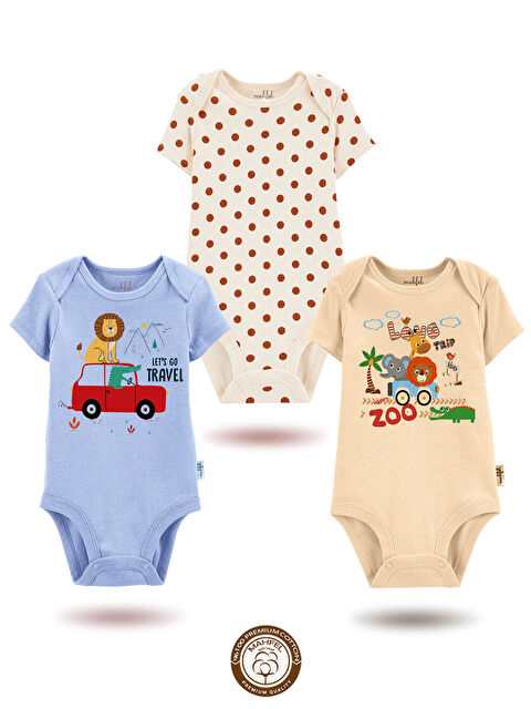 Mahfel 3'lü %100 Pamuklu Organik Baskılı Kısa Kollu Çıtçıtlı Bebek Body Zıbın 146-273