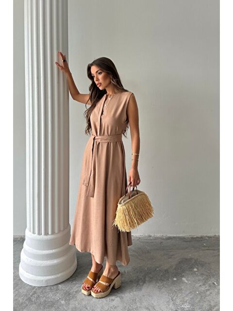Jane's KETEN ELBİSE KOLSUZ BEL BAĞLAMALI MAXİ ELBİSE - Kahverengi - S000527893-19413