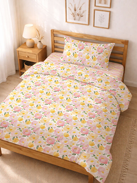 Milbay Grup Pastel Çiçek Desenli Tek Kişilik Nevresim Seti 160x220 Pamuk Karışımlı Fermuarlı