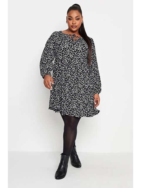 Stil Diva Büyük Beden Çiçek Desenli Uzun Kollu Yakası Bağlama Detaylı Kısa Elbise 302750 - S000136823-19351