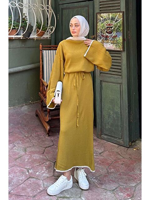 Lamelif Kol-Etek Ucu Nakışlı Triko Elbise Yağ Yeşili - S000515204-16580