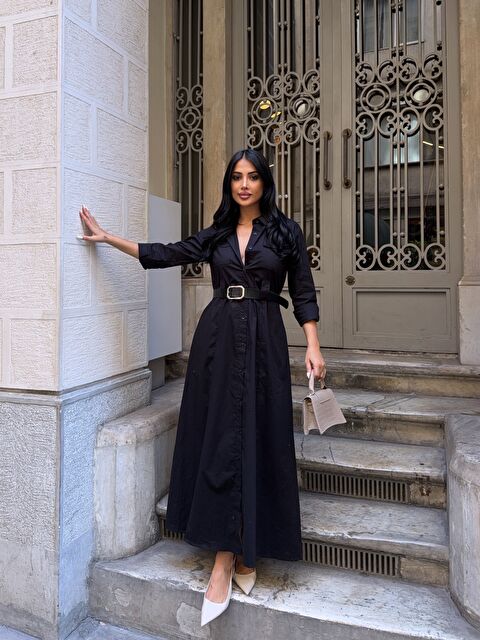 carla10 Çift Cep Detay Gömlek Elbise Siyah - S000421565-19351