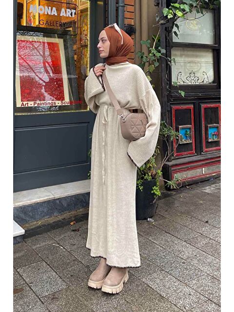 Lamelif Kol-Etek Ucu Nakışlı Triko Elbise Krem - S000515204-19966