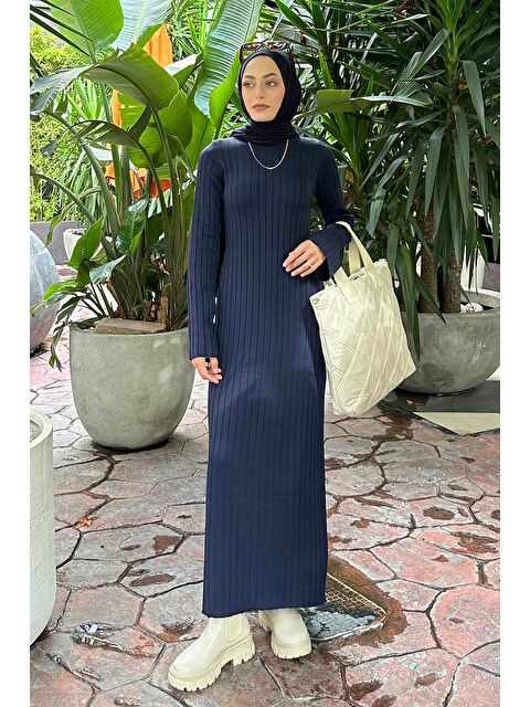 Lamelif Bisiklet Yaka Fitilli Triko Tesettür Elbise Lacivert - S000515206-21164