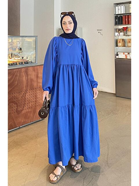 Lamelif Balon Kol Katlı Yazlık Elbise Saks Mavisi - S000515205-23710