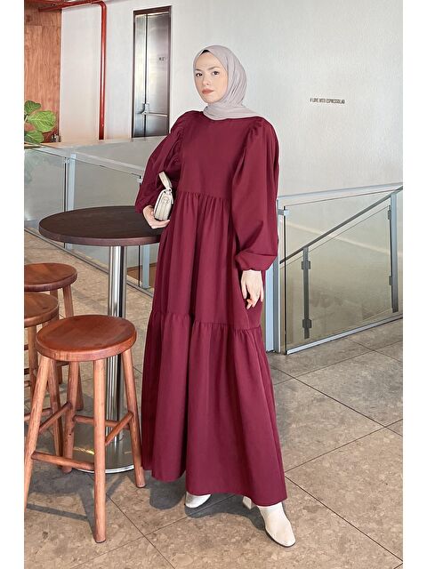 Lamelif Balon Kol Katlı Yazlık Elbise Bordo - S000515205-19951