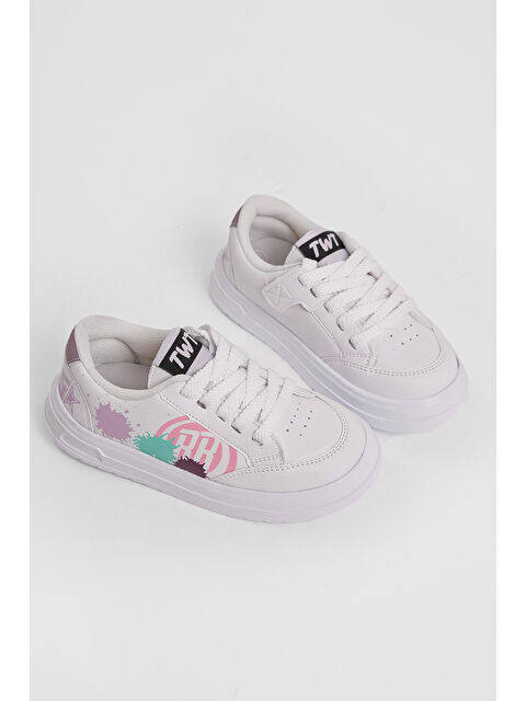 TONNY BLACK Çocuk Unisex Beyaz Turkuaz EVA Faylon Taban Desenli Bağcıklı ve Cırtlı Spor Ayakkabı - S000493919-5239