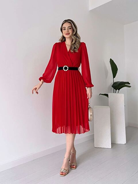 Jane's Kadın şifon Kumaş Astalı Kloş Kesim Kruvaze Yaka Midi Boy Elbise - S000527895-20045