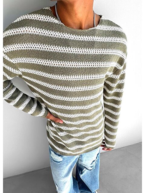 Abluka Online Erkek Oversize Geniş Yakalı Triko Haki Yeşil - S000118432-18547